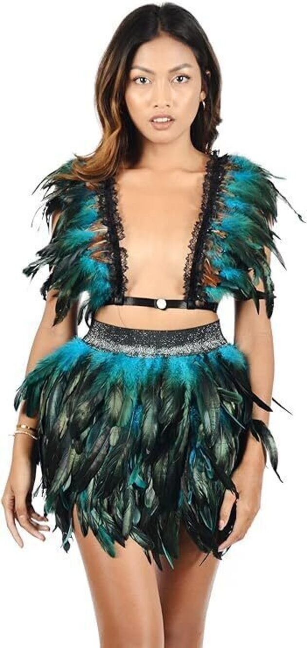 2933 Sexy 2 Piece feather Skirt Sets See-Through Hollow Out feather Top